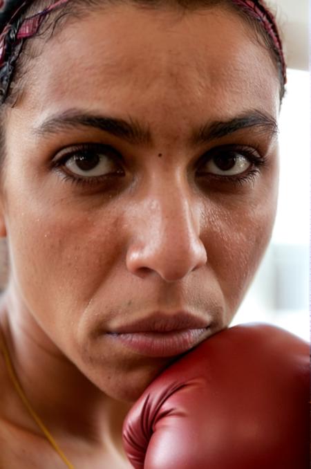 photograph close up portrait of 22yo egyptian woman boxer training, serious, stoic cinematic 4k epic detailed photograph shot on kodak detailed bokeh