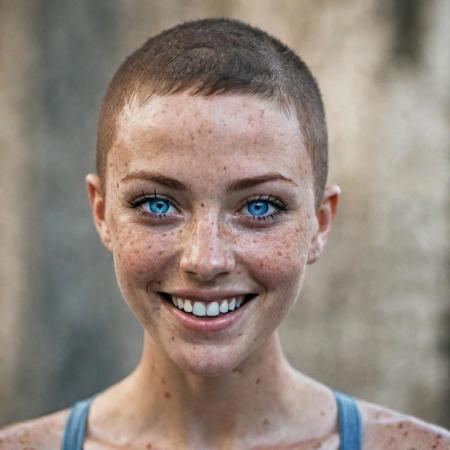 beautiful lady, (freckles), big smile, blue eyes, buzzcut hair, dark makeup, hyperdetailed photography, soft light, head and shoulders portrait, cover as laracroft
