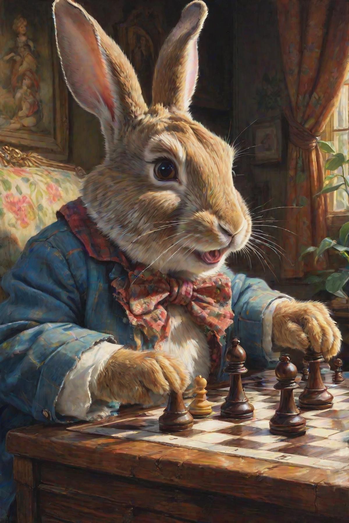 A painting of a bunny rabbit playing chess.