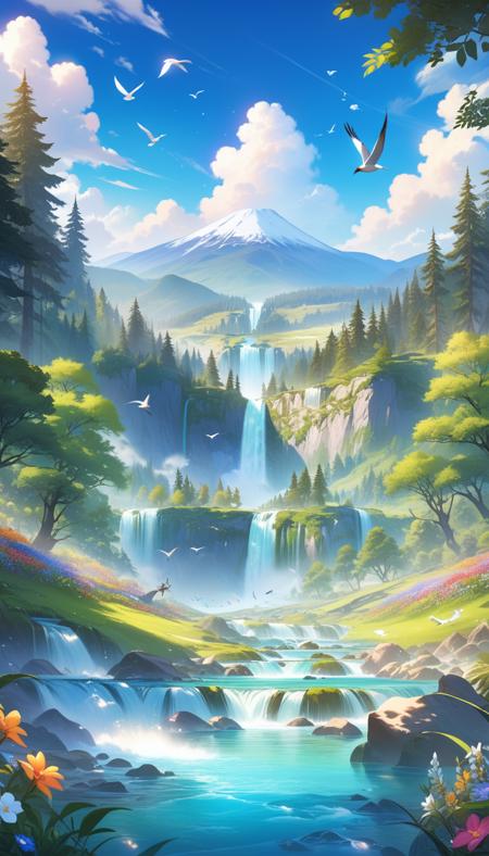 A beautiful landscape of a lush green forest with a crystal-clear river running through the middle. The forest is filled with tall trees, colorful wildflowers, and various species of birds and animals. In the background, there is a majestic waterfall cascading down from the mountains. The sky is a clear blue with a few fluffy white clouds. The overall atmosphere is serene and peaceful, inviting the viewer to escape into the beauty of nature.