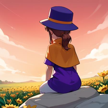 hat-kid,brown hair,sidelocks,ponytail,blue eyes, aged up, purple top hat,purple dress,zipper pull tab,yellow cape,white pants,brown footwear, fake cat ears,cat mouth mask,yellow-purple letterman jacket,purple pants, cat tail, purple footwear,