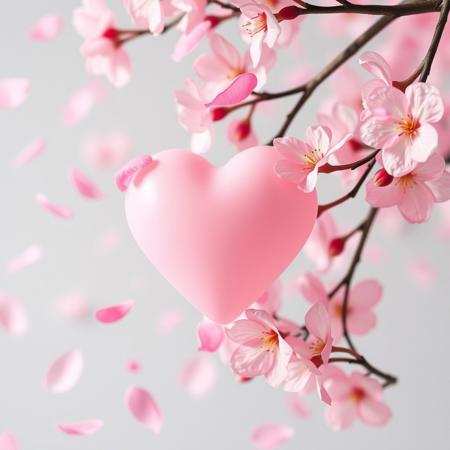 Pink heart, sakura petals everywhere