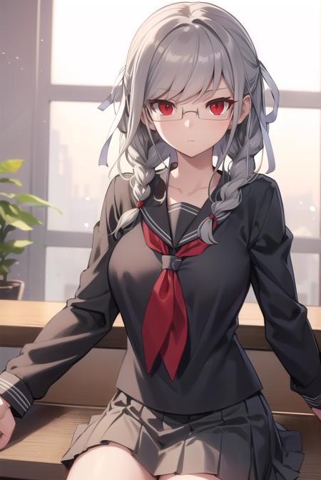 pekopekoyama, <lora:pekopekoyama-lora-nochekaiser:1>,
peko pekoyama, braid, long hair, (red eyes:1.5), twin braids, glasses,
BREAK black pantyhose, black shirt, brown footwear, collarbone, pantyhose, pleated skirt, school uniform, serafuku, shirt, shoes, skirt,
BREAK looking at viewer,
BREAK indoors, classroom,
BREAK <lyco:GoodHands-beta2:1>, (masterpiece:1.2), best quality, high resolution, unity 8k wallpaper, (illustration:0.8), (beautiful detailed eyes:1.6), extremely detailed face, perfect lighting, extremely detailed CG, (perfect hands, perfect anatomy),