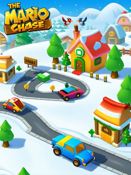 One Gamer Adventure,Logoï¼Bob esponja con un lambo y pacas de billetesï¼Cartoon car chaseï¼Game level map, game ui, winter, christmas vibe, bird flight view, cartoon style, warcraft, blizzard, pixar, disney style, 3dï¼a path with fences and houses around it in the Mario Bros styleï¼ <lora:CartoonStyle_Hap_XL:1.6>,cartoon style,anime,masterpiece,UHD,perfection,perfect,detailed, <lora:add-detail-xl:0.01> ,<lora:hand 4:0.00001> ,<lora:OverallDetailXL:0.0001>, <lora:detailed_notrigger:0.0001> ,<lora:xl_more_art-full_v1:0.01>, <lora:XDetail_light:0.00001> ,<lora:perfection style:0.00001>, <lora:age:0.00001>,
