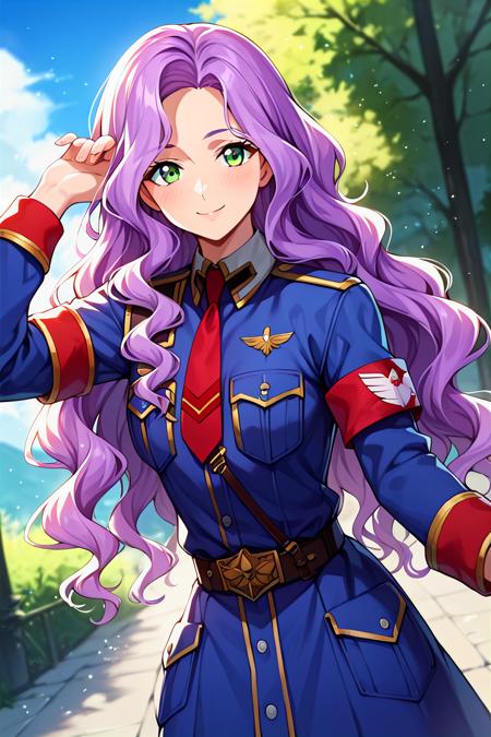  anna clement, purple hair, green eyes, long hair, wavy hair, military uniform, blue uniform, necktie, armband,
