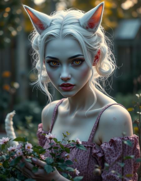cinematic style, beauty, realism, photorealism, chiaroscuro, high quality, 1girl, pale dusky blue skin, facial markings like whiskers, white cat ears and a white cat tail, pronounced fangs, white hair in two large ringlets, a female miqote with a petite build, bright yellow eyes, cinematic photo a benevolent woman with a natural face, gently tending to a garden in her backyard, focused on the simple joys of nature and tranquility. 35mm photograph, film, bokeh, professional, 4k, highly detailed