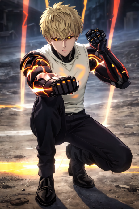 (masterpiece, best quality:1.4), colorful, high contrast, genos <lora:ironcatlora6GenosOne_v10:0.8>, white shirt, sleeveless, black pants, mechanical arms, glowing, glowing eye, fighting stance, clenched hand