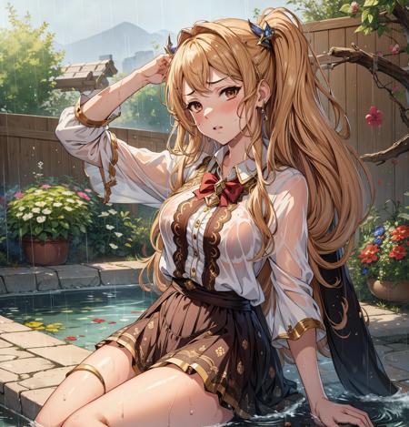 masterpiece, high quality, highres,absurdres, finely detail,ray tracking,manga,anime coloring,granblue fantasy,1 girl,18yo,cute face,annoyed,wet clothes,raining, garden,