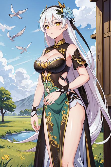 ultra high res,masterpiece,best quality,
1girl,magic girl sirin,hair flower,very long hair,green chinese clothes,bird print dress,pelvic curtain,cowboy shot,<lora:Kiana_Magic Girl Sirin_v2:0.6>,large breasts,cleavage,
outdoors,park,grass,blue sky,