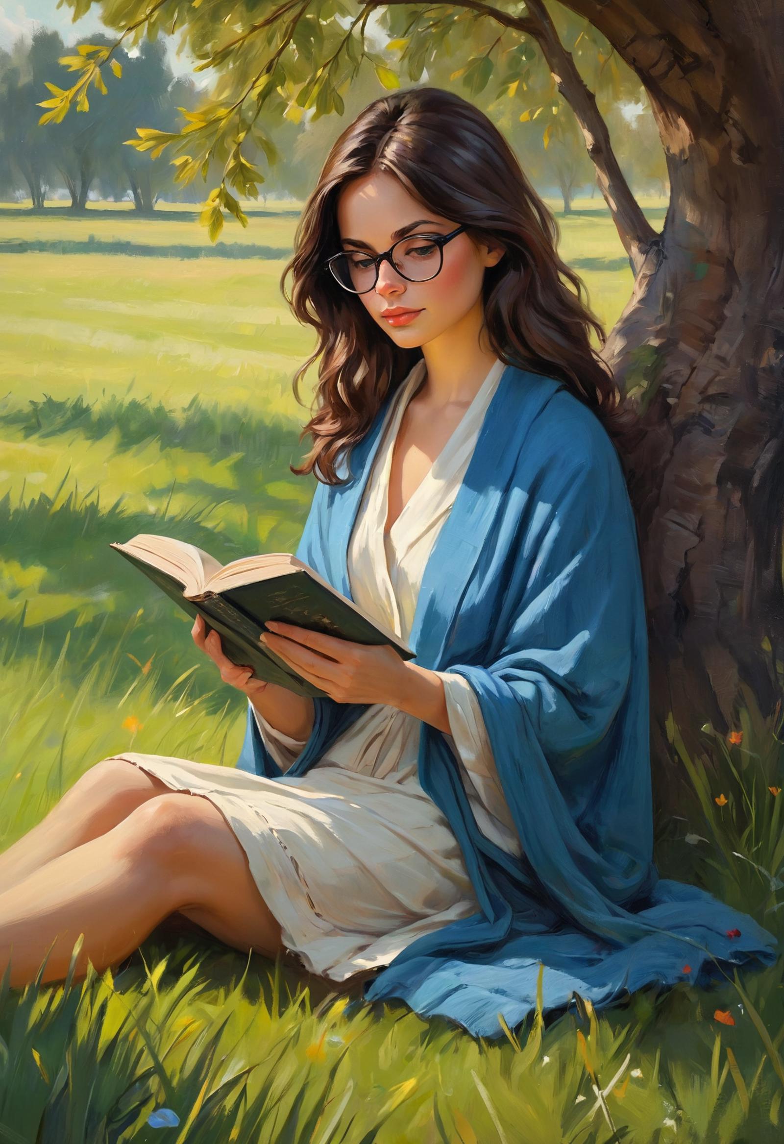 A painting of a woman wearing glasses and a white dress, reading a book under a tree.