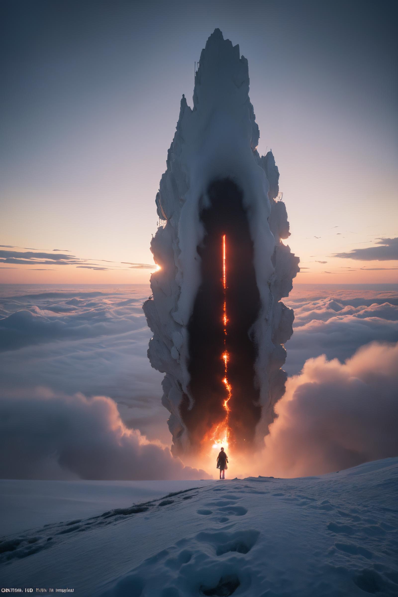 A person walking up a mountain towards a massive icy structure with a shaft of light coming out of it.