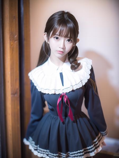 best quality, (photorealistic:1.4), 1girl, solo, shiny skin, detailed face, face focus, standing, black hair,(hair ornament:1.35), twin tails, detached sleeves, ribbon trim, wide sleeves, (looking at viewer:1.5) long hair, black eyes, bangs, underwear, lips, school uniform,nose