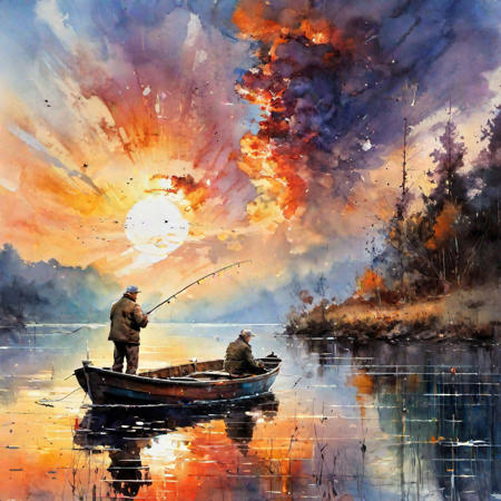 Old man fishing on a boat in a sunset lake by Thomas Wells Schaller :: Leonid Afremov :: Carne Griffiths :: Russ Mills :: photorealistic :: hyperdetailed :: vibrant deep colors, nuclear mushroom cloud explosion in the distance