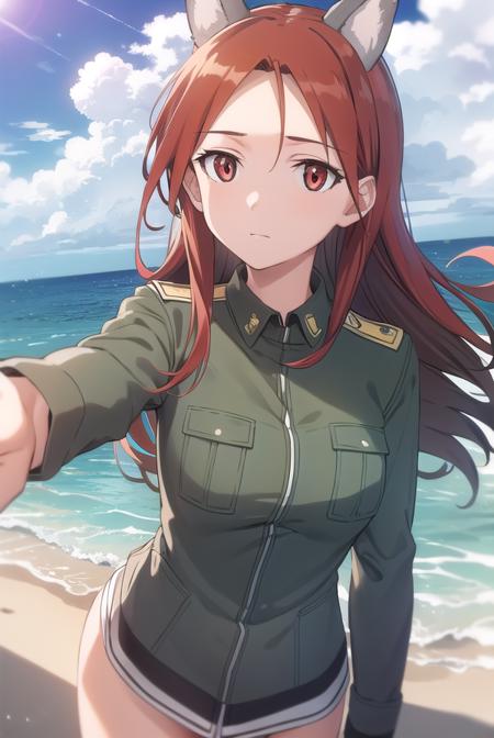 minna dietlinde wilcke, long hair, (red eyes:1.3), animal ears, red hair, wolf ears, wolf tail, wolf girl, uniform, military, military uniform,