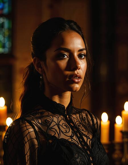 RAW full body analogue photo of a beautiful 25 years old woman, clear focus, high resolution image, (somali woman) ,A photo realistic shoot from a portrait camera angle about a young woman with long hair in a dark, gothic setting, surrounded by candles. the image also shows a dimly lit interior with candles and a stained glass window. on the middle of the image, a 20 years old  woman appears to be looking at the viewer with a serious expression, wearing a black, lace-trimmed dress with long sleeves and a high collar. she has a slender physique and fair skin. her hair is styled in a high ponytail and falls down her back. her brown eyes are looking directly at the camera, and her lips are parted. the background is dark and moody, with candles in the foreground and stained glass windows behind her., ,,high quality, film grain, Fujifilm XT3, 8k uhd, dslr, film grain, kodak tri-x 400 film, grain photo DOF, faint lighting, dynamic angle, cinematic, Depth of field, bokeh, best quality, cinematic, light particles, highly_detailed, very_aesthetic, golden hour, beautiful_and_aesthetic ,Sexy pose, erotic pose, exhibitionism, ,The Mount Everest in Nepal with its towering peak and challenging climbs