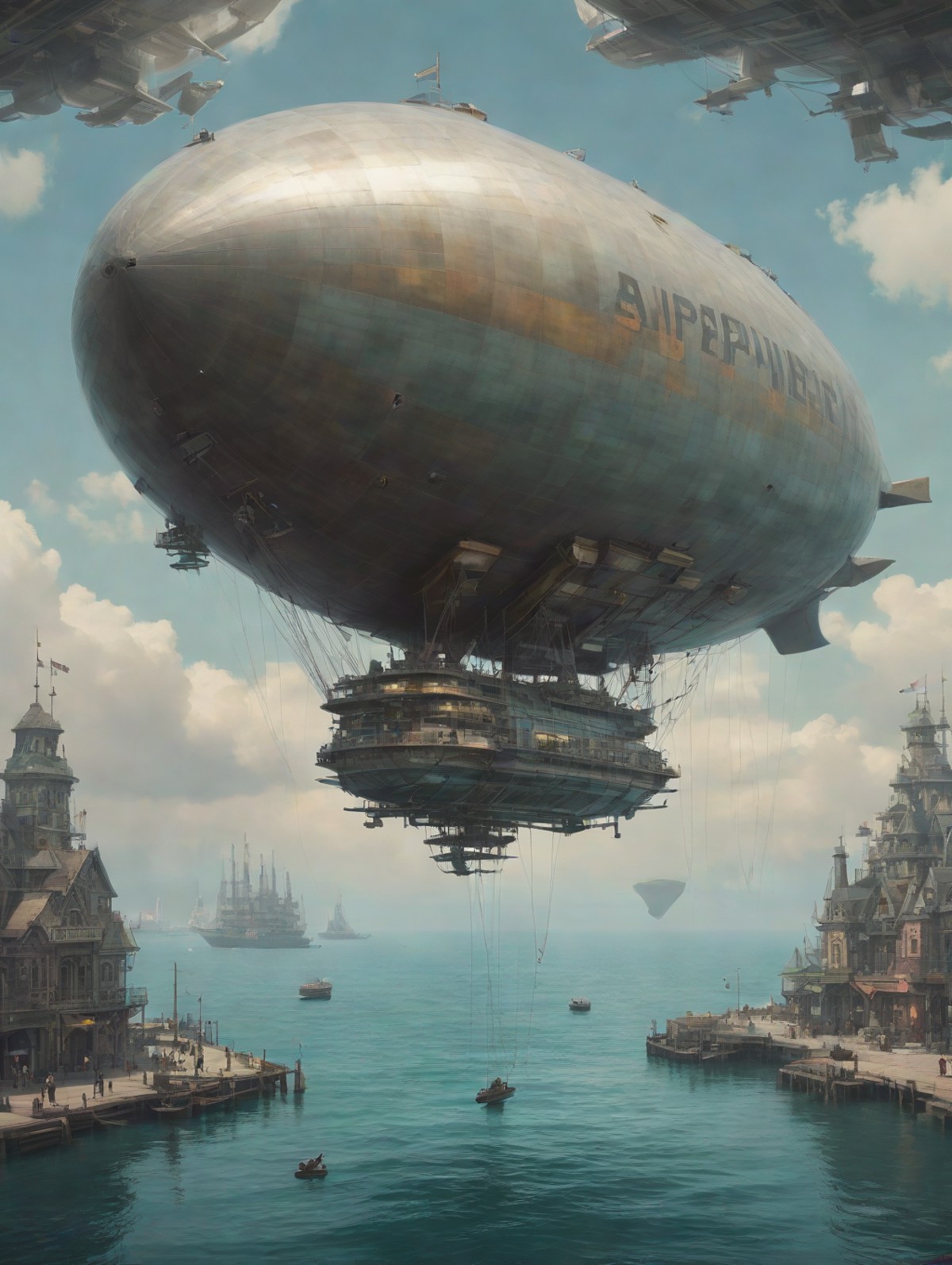 (aesthetic: victorian_cyberpunk) (subject: airship) (material: diamond sheets) (action: approaching) (location: engineered...