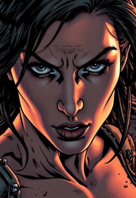 A tight close-up of a woman in a comic book style, emphasizing detailed focus on her face and features.  Intense dramatic lighting, dynamic linework, intricate details, and exaggerated anatomy create a dark fantasy superhero scene. Gritty textures and bold contrasts increase the visual drama and tension.