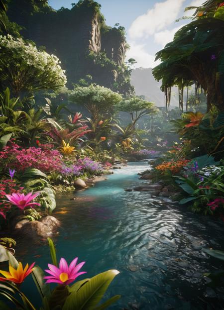 unreal engine 5 render, jungle, river, flowers, extremely detailed, colorful