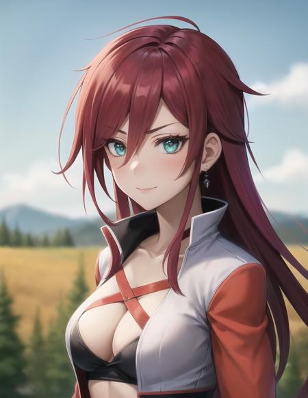 best quality, (masterpiece:1.2), illustration, absurdres,
(1girl, solo), (beautiful detailed girl), ((upper body, portrait)),
<lora:CelisRaceQueen-08:0.8> , Celis Ortesia, red hair, long hair, messy hair, aqua eyes, small breasts, (abs:0.9), (steel earrings:1.1)
race queen outfit, red sleeves,
(angry:0.8), smile, looking at viewer,
overlooking distant mountains, distant river, (pine forest), autumn colors, sky, clouds, intricate, detailed background,, ((blurry background, depth of field))