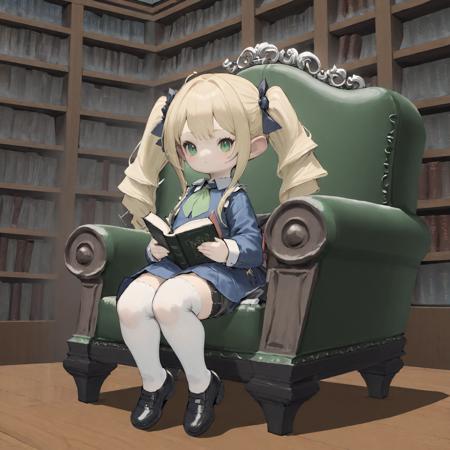 lalafell, 1girl,
blonde hair, green eyes, twintails, dress shirt, hair ornament, bookshelf,
library, open book, sitting, on chair,  holding book, shoes, white thighhighs, 
<lora:SDXL_lalafell_alpha_v5(2d style):1>