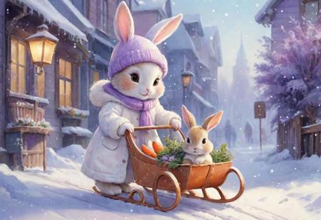 style (watercolor), drawing for a children's book (little bunny, very cute:), in a white fur coat, lilac hat, lilac mittens, on the street, next to a sled, there are a lot of carrots on them, winter, snow, sparkles are falling, a lot of iridescent snowflakes , phantasmagoria, Christmas atmosphere, soft sun, bright beam, dynamic perspective, dramatic lighting, hand drawn winter masterpiece, digital painting, <lora:add-detail- xl:1.4="">, windy epic polarity, perfect freckled face, dirty fantasy (glowing blue eyes), professional makeup, mesmerizing female selfie, detailed distant scene inspired by cuteness