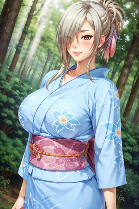 masterpiece, best quality, <lora:tsukugami_tk-10:0.7> tsukugami_tk, 1girl, solo, blush, smile, large breasts, grey hair, yellow eyes , hair over one eye, upper body, outdoors, japanese clothes, yukata, tree, sash, obi, floral print, intricate details, sunlight, nature, forest,  dutch angle