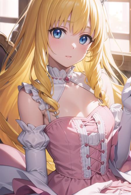 latifa fleuranza, (yellow hair:1.5), blue eyes, long hair, diadem, tiara, elbow gloves, gloves, white gloves, dress, frilled dress, long skirt, frilled skirt, corset, (pink dress:1.5),