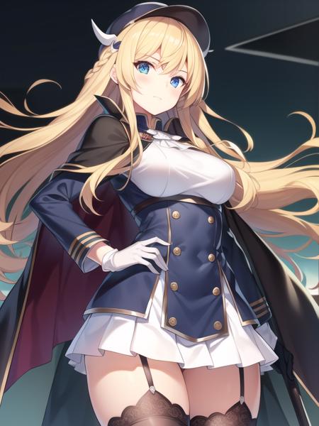 (hyper extreme detailed),(masterpeace),(hyper extreme),(photorealistic),CG,(colour:1.2), beautiful lighting,light from the front,rating:safe,solo, <lora:kongou:0.55>,kongou,blonde hair,long hair,blue eyes,white_gloves,garter_straps,zettai_ryouiki,pleated_skirt,white_skirt,stoking,high_heels,white shrite,long_sleeves,black_cape,short_dress,