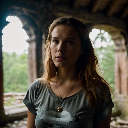 PetraNemcova,  a beautiful woman, beautiful bone structure, in a (ruin), in the woods, spooky,  wearing a (t-shirt:1.1), (thunderstorm:1.2),  (realistic, photo-realistic:1.37), ultra high res, ultra-detailed, incredibly beautiful girl, 8k uhd, dslr, soft lighting, high quality, film grain, Fujifilm XT3