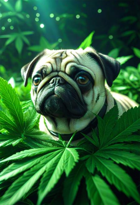 420futurism, closeup shot, from side, pug made of leaves, green leaves, cinematic, cinematic lighting, (masterpiece, best quality:1.4), ultra-high res, 4k, Photorealistic, insanely detailed, sfw,