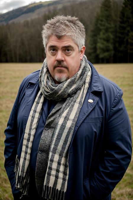 PhillJupitus wearing a scarf and a coat in a grassy field <lora:rs-PhillJupitusLora-03:1>