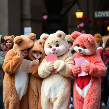 a bunch of people in furry costumes giving love letters and hugs