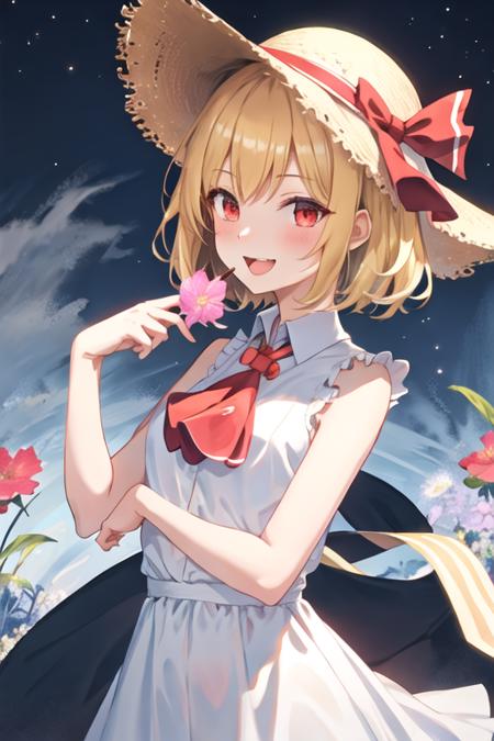 best quality, masterpiece, highres, solo, {rumia_touhou:1.15}, blonde_hair, ribbon, short_hair, hair_ribbon, red_eyes, vest, smile, open_mouth, red_ribbon, ascot, 1girl, bare_shoulders, blush, dress, looking_at_viewer, alternate_costume, collarbone, hand_on_headwear, hat, sun_hat, sundress, white_dress, ;\), flower, one_eye_closed, sleeveless, upper_body