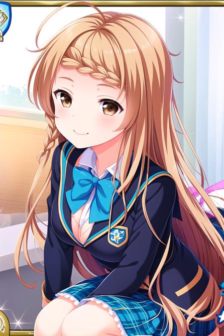 (masterpiece, best quality), highly detailed background, perfect lightingbest quality, <lora:Miyoshi-Nao:0.9>, 1girl, solo, brown hair, ahoge, braided bangs, braid, long hair, brown eyes, breasts, blue jacket, blazer, blue bowtie, white shirt, blue skirt, plaid skirt, school uniform, smile, closed mouth, pink lips.