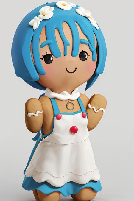 ((masterpiece,best quality)), absurdres,
<lora:Gingerbread_Man:1>, Gingerbread_Man, food, cookie, food focus,
simple background,  grey background,
1girl,
 <lora:rem_v1:0.8>, 
aarem, blue hair, black dress, maid outfit,