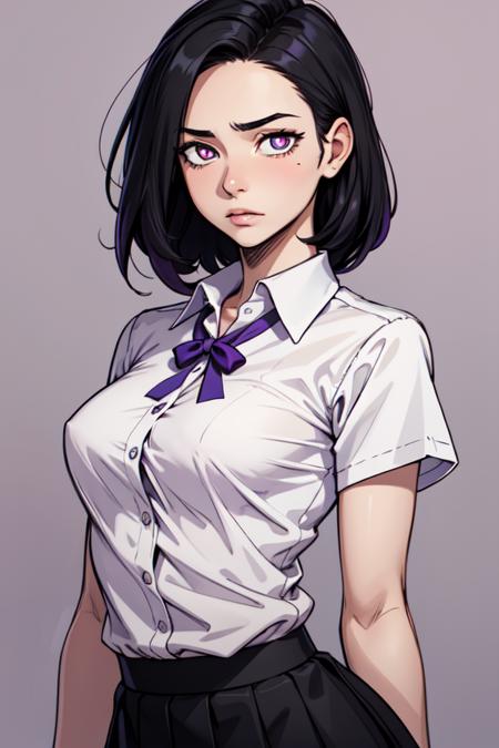 masterpiece,best quality,upper body,1girl,collared_shirt and flared_skirt as material2,purple theme,swapnote \(medium\),trim marks,black hair,small breasts,x-shaped pupils,worried,sideways
Negative prompt: easynegative, verybadimagenegative_v1.3,bad-hands-5, (sketch),lowres,(text,words:1.3),watermark,blurry,(simple background),abstract,glitch,jpeg-artifact,desaturated
Steps: 20, Sampler: Euler a, CFG scale: 5, Seed: 2224929815, Size: 512x768,