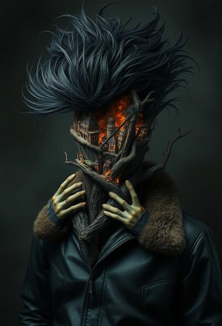 Tree: Dark, moss-covered bark, central focus of the image
Lighting: Soft and diffused, minimal highlights, emphasizing eerie shadows
Mood: Creepy, mysterious, and otherworldly
Hair: Wild, windswept black hair with exaggerated spikes, adding dynamic energy
Cityscape: Miniature burning city integrated into his head, with flames, smoke, and crumbling buildings
Clothing: Heavy leather jacket with fur-lined collar, detailed texture, dark tones
Atmosphere: Intense, apocalyptic, and surreal, symbolizing destruction and chaos
Subject: Tree entwined by multiple human-like arms
Style: Hyper-realistic surrealism with intricate details and dramatic contrasts