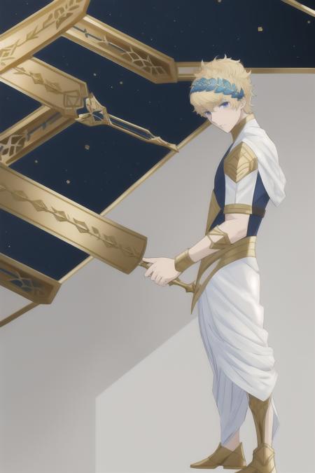 Castor(fate), 1boy, castor_(fate), light gold hair, blue eyes,  diadem, metal headwear (Laurel wreath),  <lora:å¡æ¯æå°:0.8>, masterpiece, best quality, highres, male focus, solo focus, pov,  black underwear, armlet, armor , full body, standing, sex, yoai, gay, penis, penis out, handjob, cum,