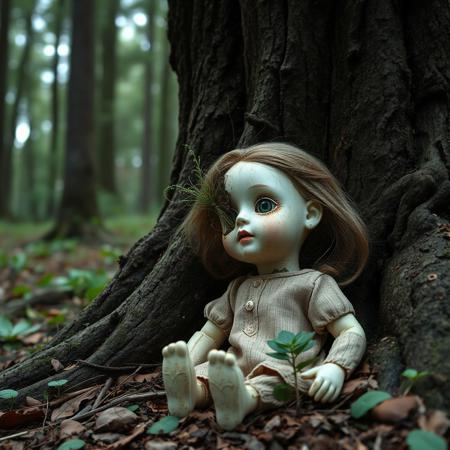 Deep in the forest. An old doll in the shape of a girl is placed at the base of a tree. The doll's face is partially broken and sprouts of plants are showing.