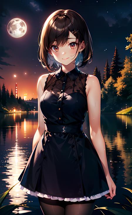 1girl, cowboy shot, standing, short hair, brown hair, red eyes, black dress, collared dress, sleeveless dress, frilled dress, black pantyhose, collarbone, bare shoulders, bare arms, closed mouth, smile, nature, lake, water, full moon, moonlight, night, night sky