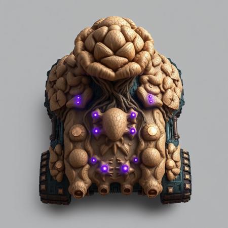 ((top view)), (tank),
Tall tank with fungal tower rising from the center and spreading cap-like armor out over the body.
Chassis: Coral-like chitin plating, semi-organic with branching root textures. Slight iridescence in shifting light.
Tracks: Short, stocky treads with fungal lattice stabilizers over each corner.
Details: Central tower leaks bio-mist during idle. Crust-like armor plates pulse faintly as mycelial network reconfigures.
Lights: Purple luminescence from fungal nodes. Spore lamps blink in repeating bio-patterns.