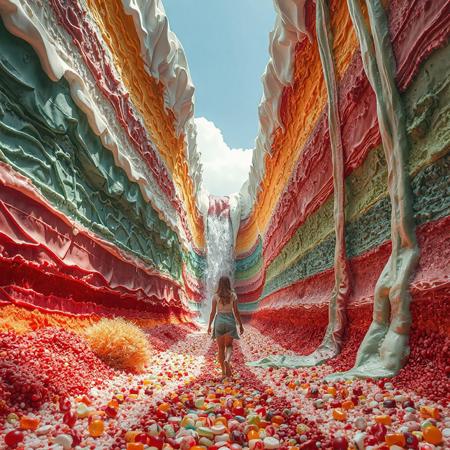 at the bottom of the multi color cake valley. a woman walking approaching wall of cake and tasting. toward viewer. The valley is made from cake and melting cream. between towering, huge cake and huge topping cream. canyon of giant layered cake. bush created from sparkling candies. pebbles of candy spread along the path. Waterfall of wine flowing out of giant bottle.