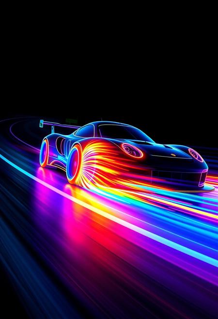 "Image of a neon outline of a race car, speeding along a winding raceway. The car's tires are ablaze with a vibrant, swirling mixture of colors, as if the trail they leave behind is made of pure, unadulterated color. A flurry of colors blasts from the end of the tires, radiating outwards in a mesmerizing display of light and energy. The neon outline of the car is bold and striking, set against a dark background that allows the colors to pop. The raceway's curves and bends are illuminated by the car's trail, creating a dynamic and immersive visual effect. Style: vibrant, dynamic, and futuristic, with a focus on capturing the speed and energy of the racing experience." Absurdres Highest-Quality, 4k