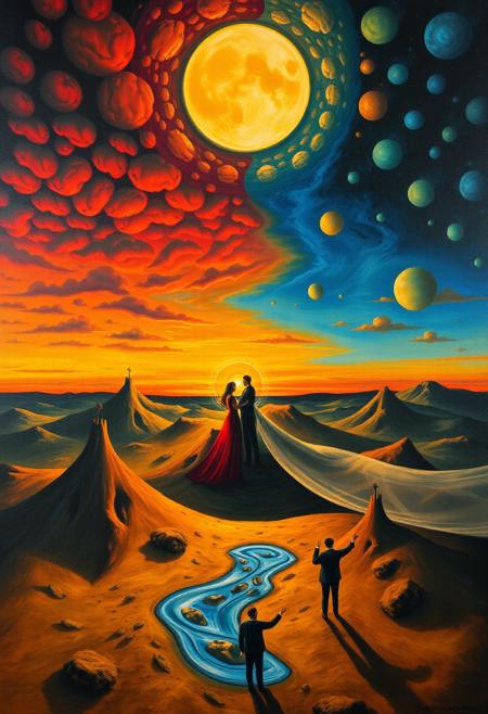 original painting by Salvador Dali "the permanence of memory", oil on canvas, Fantastically beautiful, high resolution, mesmerizing, sunset, dawn, wide color palette, magnificent people, beautiful animals, masterpiece, nature, ultra detail