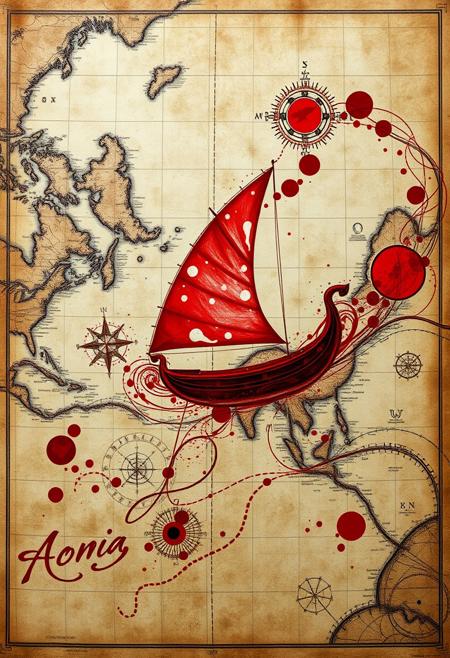 An antique-style painting featuring a red junk boat, delicately sailing across an aged, weathered map. The artwork combines an abstract, ethereal feel with the precision of Dirac equations fractal patterns, creating a hauntingly beautiful and flawless structure. The boat seems to emerge from the map itself, surrounded by abstract sketches and swirling designs that blend seamlessly into the map's vintage appearance. The piece is infused with Aetherpunk airbrush digital art elements, where red biomechanical motifs intertwine with the ancient cartographic details.
Rich alcohol ink textures add depth, with large spots, splashes, and swirling patterns evoking a sense of movement and mystique. The entire composition is rendered in a way that merges the old-world charm of antique maps with a fantastical, surreal atmosphere, making the junk boat appear as if it’s navigating through both time and space in a dreamlike voyage.