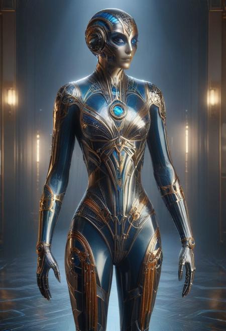 a beautiful brunette tron cyborg siren wearing a latex fantasy art deco alien bodysuit with neon glowing blue piping, age-53, standing straight in a rainbow-colored digital fantasy art deco ballroom, (high camera angle, tilt-shift lens:0.9), ais-artdeco