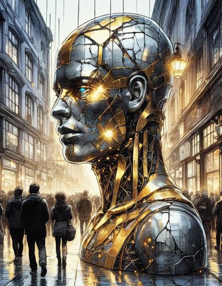 android made of reflective chrome and cracked white porcelain kintsugi gold repair lines beautiful lighting background busy street sidewalk bustling with humans