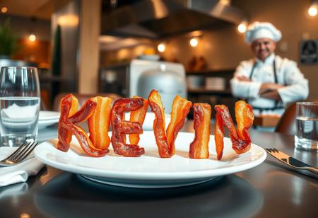 The name ‘KEVIN’ spelled out using crispy, golden-brown bacon strips, carefully arranged on a white ceramic plate. The plate sits on a restaurant table with a clean, stylish table setting—silverware, a napkin, and a glass of water nearby. In the background, a professional kitchen is visible, where Kevin the famous actor named as the meal, dressed as a chef in a classic white uniform and hat, is preparing more bacon with a confident smirk. The lighting is warm and inviting, capturing the delicious texture of the bacon and the lively restaurant atmosphere