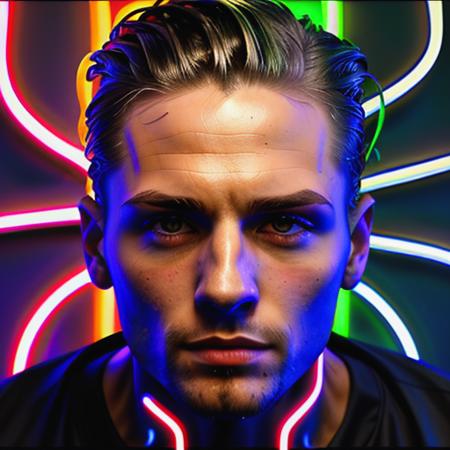 n30n, solo, cute guy, hair slicked back, white neon, blue neon, green neon  <lora:Neon_portrait-000015:1> , simple background, from front position, half body, looking at viewer