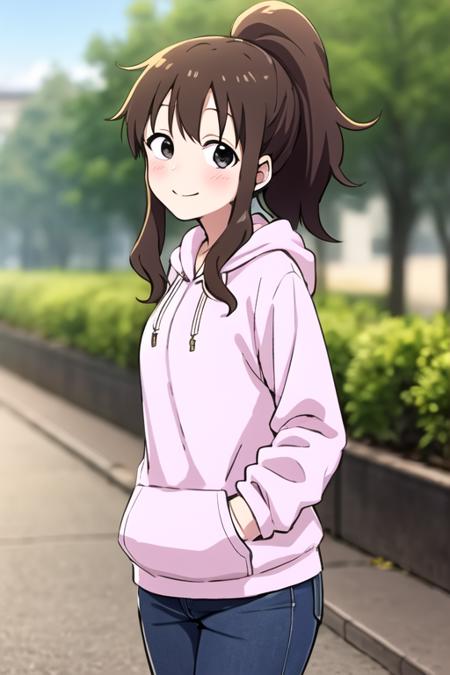 masterpiece, best quality, <lora:takagawa_sumire:0.7> takagawa_sumire, 1girl, solo, long hair, blush, smile, brown hair, ponytail, black eyes, looking at viewer, hoodie, jeans, delicated face and eyes, colorful, outdoors, park,